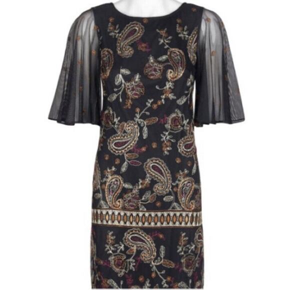 Adrianna Papell 3/4 Sheer Sleeve Beaded Embroidered Black Flower Dress Sz 6 - Picture 4 of 15